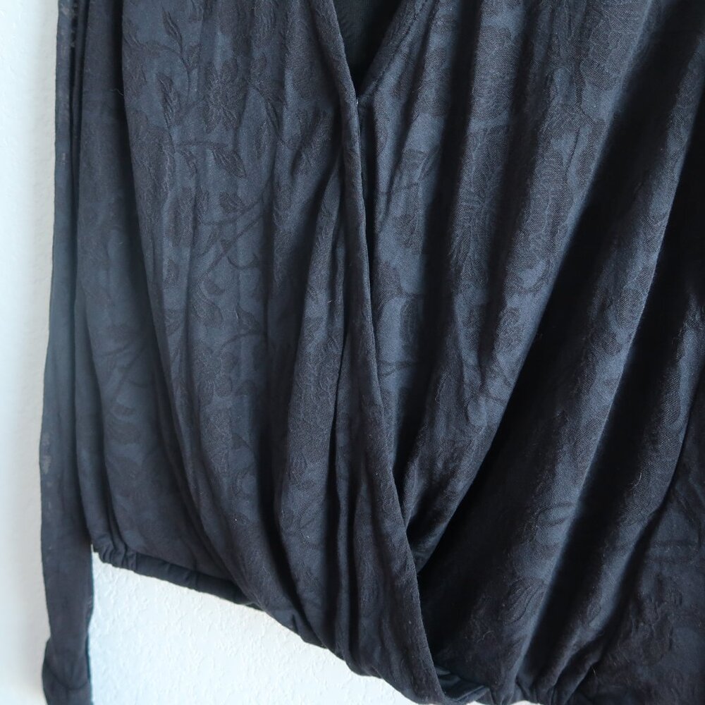 Anthropologie Maeve Black Long-Sleeve Wrap Blouse Size Small Floral Jacquard - Picture 6 of 8